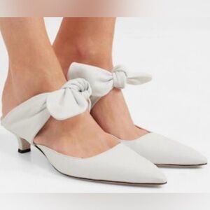 The Row “Coco” Mules, White Leather Kitten Heels with Bows, NWT
